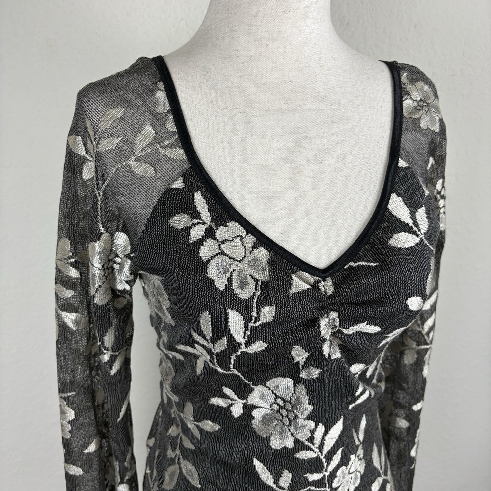 Vtg Y2K Size 8 Whimsigoth Blouse Flare Asymmetric Sleeve Floral Black Fairy Lace - Picture 5 of 7